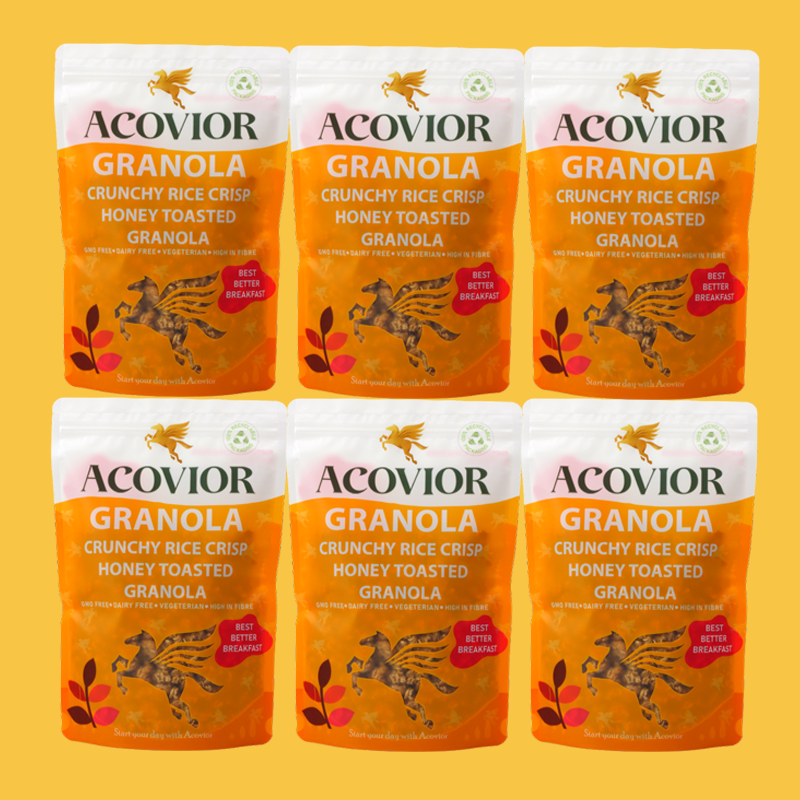 "Experience Acovior's Crunchy Rice Crisp Honey Toasted Granola. Perfect blend of honey granola, granola clusters & wholegrain oats. Ideal for healthy granola bowls & granola bars, granola Flapjacks and more. Shop the best granola experience!" 