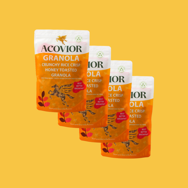 "Experience Acovior's Crunchy Rice Crisp Honey Toasted Granola. Perfect blend of honey granola, granola clusters & wholegrain oats. Ideal for healthy granola bowls & granola bars, granola Flapjacks and more. Shop the best granola experience!" 