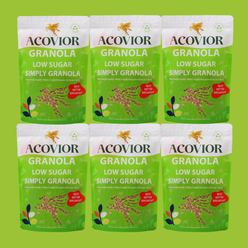 "Acovior's Low Sugar Simply Granola”: Perfect for a healthy breakfast, granola yogurt pots, and flapjack recipes. Nut-free, eco-packaged, and ideal for clean eating. Shop now for the best granola experience!" 