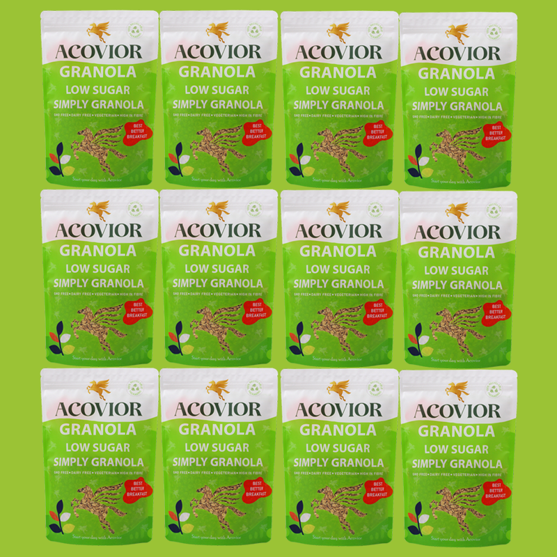 "Acovior's Low Sugar Simply Granola”: Perfect for a healthy breakfast, granola yogurt pots, and flapjack recipes. Nut-free, eco-packaged, and ideal for clean eating. Shop now for the best granola experience!" 