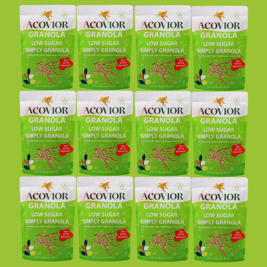 "Acovior's Low Sugar Simply Granola”: Perfect for a healthy breakfast, granola yogurt pots, and flapjack recipes. Nut-free, eco-packaged, and ideal for clean eating. Shop now for the best granola experience!" 