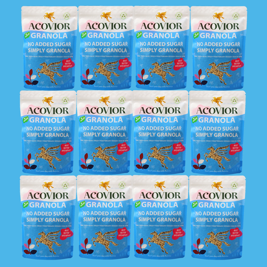 Family 12 pack granola, Our No Added Sugar Simply Granola is a blend of crunchy toasted oats with no added sugar. It is our simplest and healthiest granola, ideal for those who prefer their breakfast cereal plain and without any nuts, dry fruits or more. Our granola is high in fibre, contains no artificial colours, Flavors or sweeteners, and is suitable for vegetarians and vegans. Try our sugar-free granola today and enjoy a healthy breakfast option that’s both nutritious and delicious. 