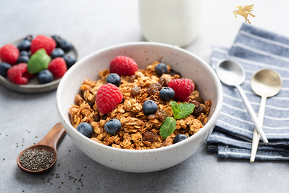 "Acovior's Low Sugar Simply Granola”: Perfect for a healthy breakfast, granola yogurt pots, and flapjack recipes. Nut-free, eco-packaged, and ideal for clean eating. Shop now for the best granola experience!" 