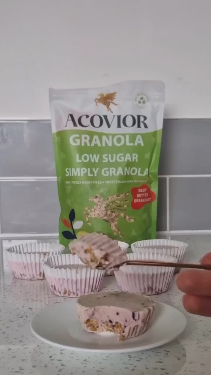 "Acovior's Low Sugar Simply Granola”: Perfect for a healthy breakfast, granola yogurt pots, and flapjack recipes. Nut-free, eco-packaged, and ideal for clean eating. Shop now for the best granola experience!" 