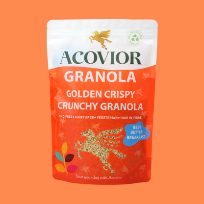 Golden Crispy, Crunchy Granola, bursting with natural flavours with a touch of Golden Syrup Flavour, Crunchy Rice Crisp, Rice Crisp & Honey, 100% Whole Grain Oats, prebiotic, granola, plant based, breakfast, weight-loss diet, sugar free, healthy breakfast, no added sugar, high in fibre, vegan friendly, plant based, vegan, vegetarian, keto, 100% plant based, planet, source of protein